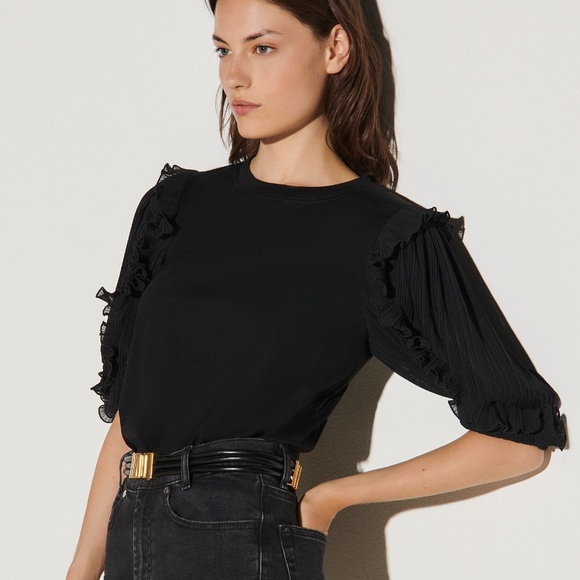 Sandro Tops - Sandro T-shirt with Intricate Sleeves, Black
